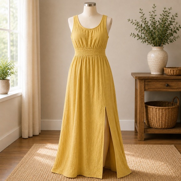 Steve Madden Dresses & Skirts - Steve Madden Maxi Dress Womens Large Olive Green Gauze Smocked Waist Side Slit